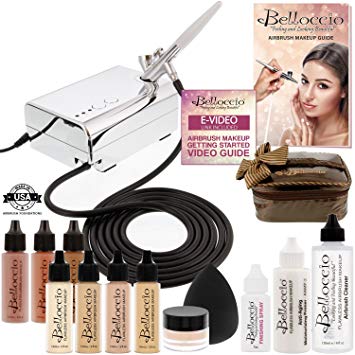 Belloccio Professional Beauty Deluxe Airbrush Cosmetic Makeup System with 4 Fair Shades of Foundation in 1/2 oz Bottles - Kit includes Blush, Bronzer and Highlighter and 3 Free Bonus Items Video Link
