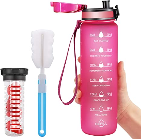 Favofit Water Bottle with Time Marker, 32 oz Motivational Water Bottle with Fruit Infuser & Cleaning Brush, Reusable & BPA Free Tritan Water Bottle for Sports & Fitness