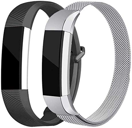 AKALE Replacement Bands Compatible for Fitbit Alta/Alta HR, Stainless Steel Metal Strap and Extra Silicone Replacement Bands (Silver   Black Small)