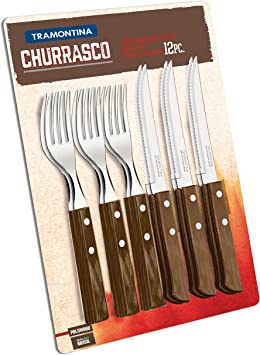 Tramontina Steak Knife Barbecue Knife and Fork Set 12 Piece with Wooden Handles