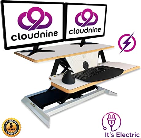 Cloud Nine Shift Desk – 36” Electric Height Adjustable Desk Converter – Sit to Stand Desktop Converter - Electric Standing Desk Converter - Fits Dual Monitors (White)