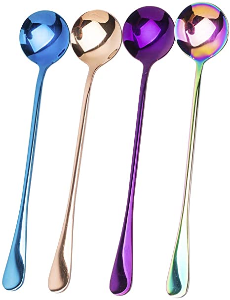 Long Handle Iced Tea Spoon, Stainless Steel Coffee Mixing Spoons - Long Cream Dessert Spoons Set of 4 (4 Round)