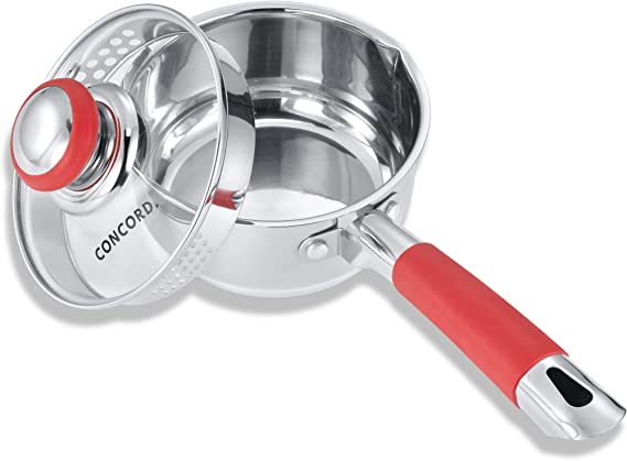 Concord 1 Quart Stainless Steel Saucepan with SIMPLE POUR Vented Glass Lid. Features Dual Pouring Spouts and Volume Marking. Perfect for making Sauces, Jam, Ramen, and more