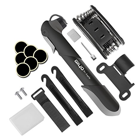 Giwil Bicycle Multi Function 16 in 1 Cycling Bike Bicycle Tyre Repair Tool Kit with Patch Kit & Tire Levers Mini Bike Pump, with Glueless Puncture Repair Kit and Tire Levers Frame Mount & Ball Needle,Compatible with both Presta and Schrader