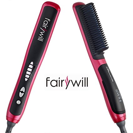 Hair Straighteners Ceramic hair straightening brush Fairywill Electric Straightener Comb Travel Flat Iron Professional Styling Fast Heating Temperature Control LED Indication Straightening and Curling Auto Shutoff Rose Red