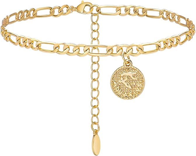 Lcherry Gold Plated Anklets for Women Dainty Zodiac Constellation Anklet Zodiac Sign Disc Ankle Bracelet 14K Real Gold Plated Anklets for Women