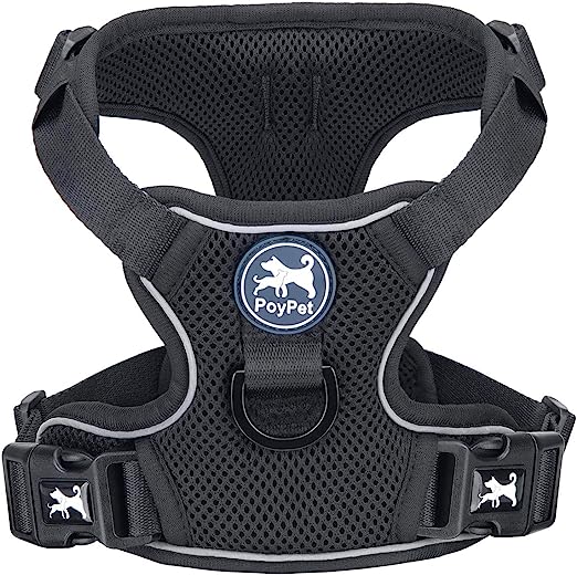 PoyPet Reflective Soft Breathable Mesh Dog Harness Choke-Free Double Padded Vest with Adjustable Neck and Chest(Black,XL)