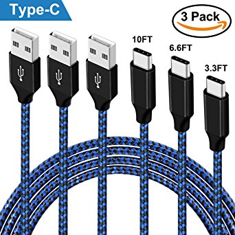 USB Type C Cable,YouCoulee 3 Pack 3.3Ft 6.6Ft 10Ft USB C Cable Nylon Braided Long Cord USB Type A to C Fast Charger for Samsung Galaxy S9 S9  Note8 S8 , Apple Macbook, LG G6 V20, Pixel,Nexus 6P (Blue)