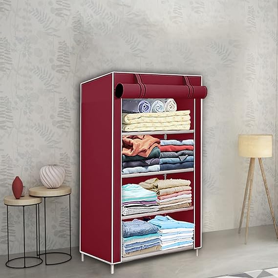 YouCopia Multi Purpose Collapsible Wardrobe with Door Cover Wardrobe for Clothes Organizer for Storage (4 Layer, Maroon)