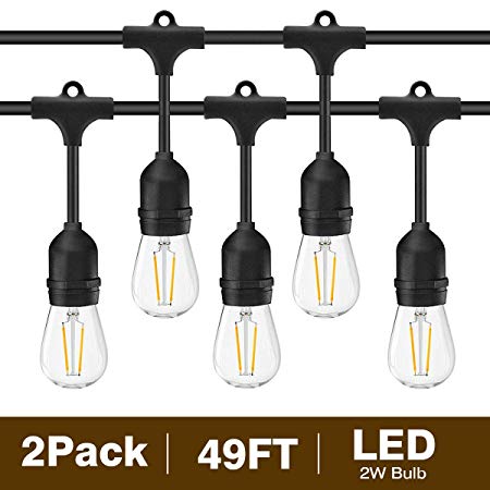 Svater 2 Pack S14 LED String Lights 49Ft Waterproof IP65 Commercial Grade Outdoor String Light UL Listed 15 Hanging Sockets 15 S14 2W LED Bulbs E26 Base Warm White 2700K Open-air party Patio