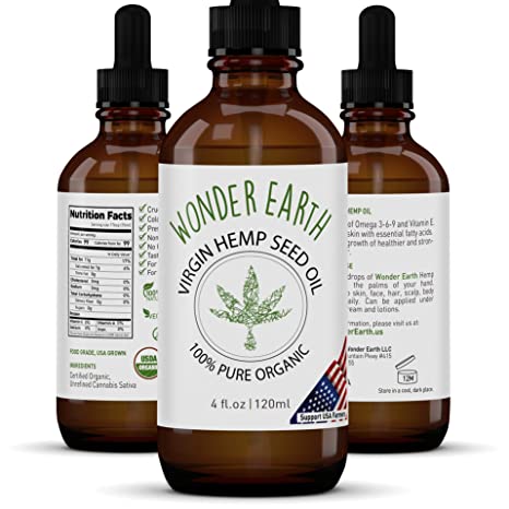 Wonder Earth Virgin Hemp Seed Oil - 100% Premium USDA Certified Organic Body, Hair & Face Moisturizer Unrefined Cold Pressed - 4oz