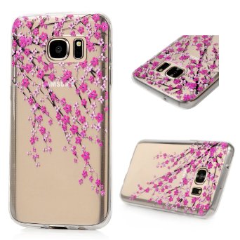 S7 Case,Galaxy S7 Case - BADALink Ultra Thin Anti-slip Soft TPU Case with Fancy Colorful Painting Pattern Clear Transparent Cover for Samsung Galaxy S7 (2016) - Branches with Pink Flowers