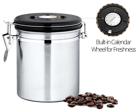 Chef's Star Stainless Steel Vacuum Sealed Airtight Canister with Built-in CO2 Gas Vent Valve and Date Tracking Wheel for Coffee Beans and Coffee Grounds