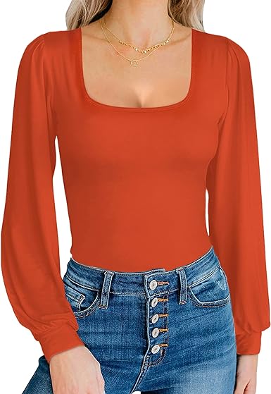 MANGOPOP Square Neck Puff Sleeve Bodysuit Loose Lantern Long Sleeve Body Suit for Women for Going Out