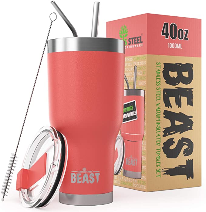 BEAST 40oz Coral Tumbler - Stainless Steel Insulated Coffee Cup with Lid, 2 Straws, Brush & Gift Box by Greens Steel
