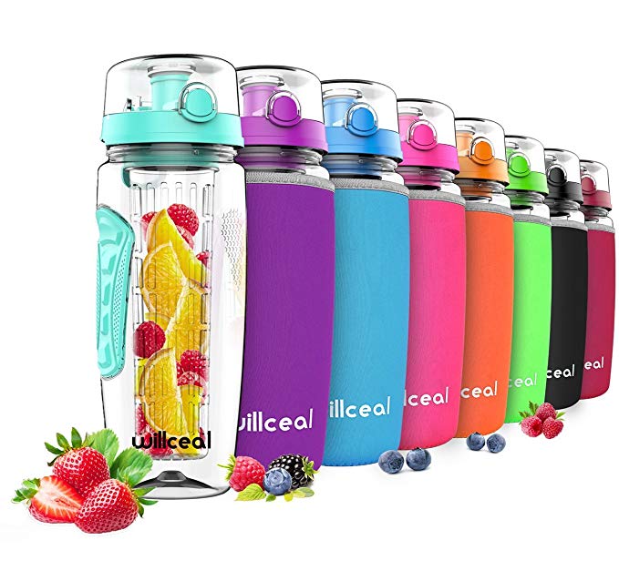 Willceal Fruit Infuser Water Bottle 32oz Durable, Large - BPA Free Tritan, Flip Lid, Leak Proof Design - Sports, Camping