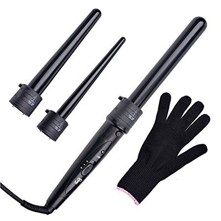 MQB 3-In-1 Hair Curler Ceramic Tourmaline Hair Curling Iron Wand Interchangeable Barrels and Heat Resistant Glove - Black