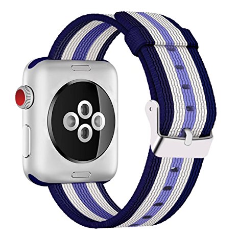 Yichan Woven Nylon Fabric Wrist Strap Replacement Band with Classic Square Stainless Steel Buckle for Apple iWatch Series 1/2/3,Sport & Edition,42mm,Lilac White Darkblue Stripes