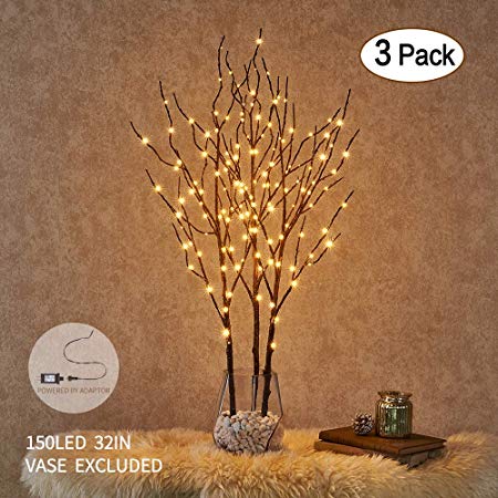 Hairui Lighted Willow Branches Brown with Fairy Lights Decor 32in 150LED, Pre lit Artificial Twig Tree Branch Lights with Timer for Indoor Home Decoration Plug in 3 Pack (Vase Excluded)