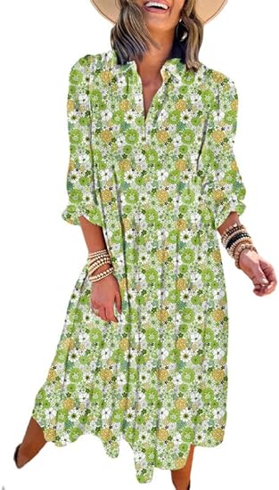 Dokotoo Women's Casual Loose Bohemian Floral Dresses 2024 Long Puff Sleeve V Neck Ruffle A Line Flowy Summer Beach Dress