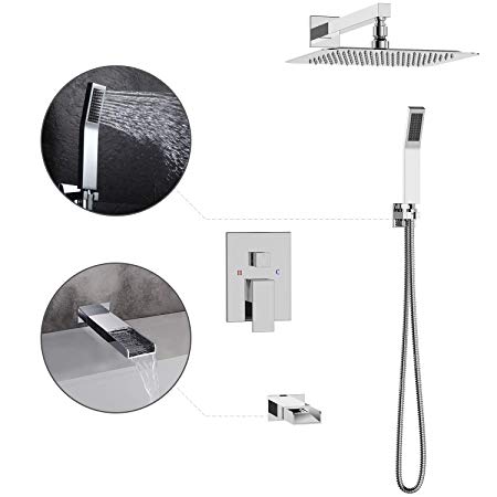 SR Sun Rise Tub Spout Shower Tub Faucets Sets Complete Wall Mounted Rainfall Shower Head System Polished Chrome (Contain Shower Faucet Rough-in Valve Body and Trim) CA-TS1203