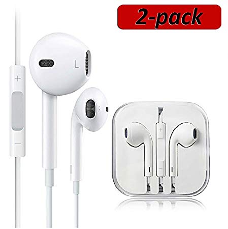 2 Pack Premium Earphones/Earbuds/Headphones/Headsets to 3.5mm with Stereo Mic&Remote Noise Isolating Control Headphone for Most Smartphones - White