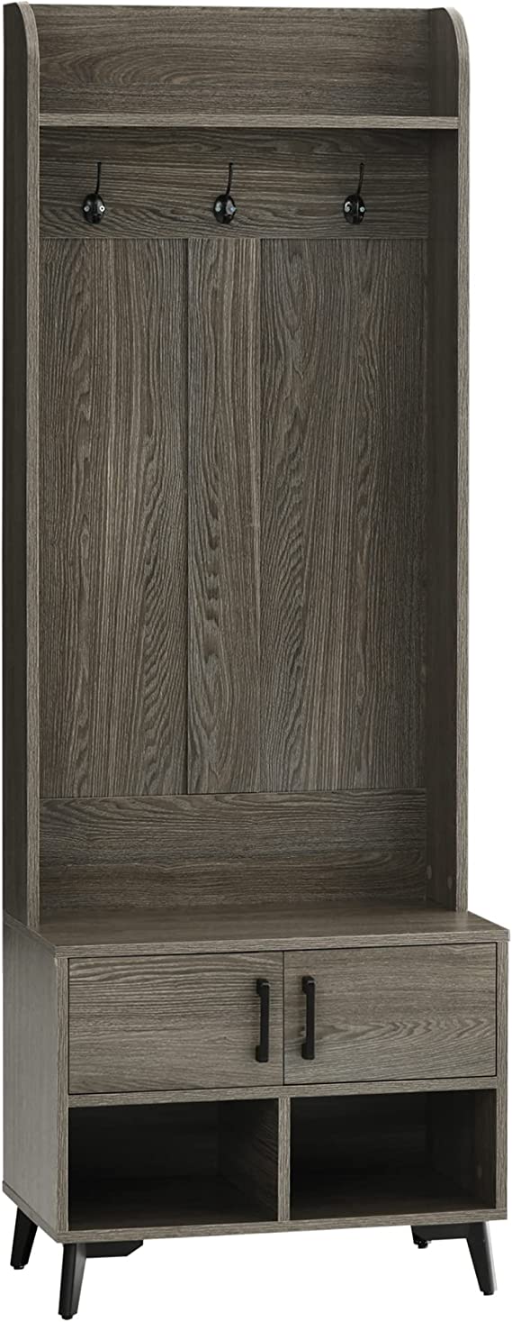 HOMCOM Portemanteau vestiaire meuble d'entrée 2 casiers 2 portes 3 patères 1 banc et 1 étagère supérieure pieds en métal 60 x 34 x 170 cm gris