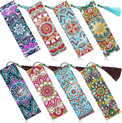 8 Pieces 5D Diamond Painting Bookmarks Floral Rhinestone Bookmarks PU Leather Art Bookmarks DIY Diamond Painting Bookmarks Mandala Style Bookmarks with Tassels for Adults Kids Crafts Supplies