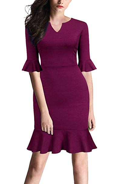 FORTRIC Women Bell Sleeves Fishtail Office Work Casual Pencil Dresses