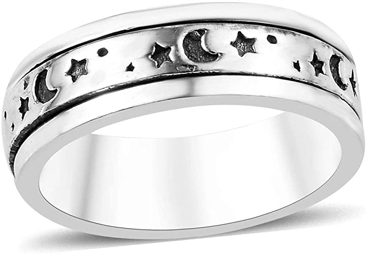 Mens Womens Spinner Band Ring 925 Sterling Silver Statement Boho Handmade Jewelry for Women Moon Star Celtic Stress Relieving