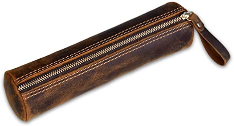 Leather Pencil Pouch-Classic Handcrafted Zippered Pen Bag for Students Artists Office, School(Dark Brown)