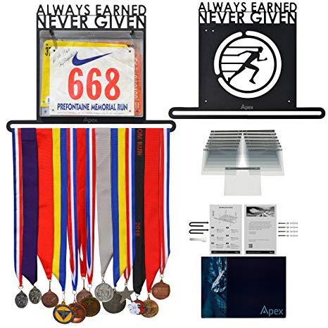 Apex Medal Hanger and Bib Holder Display Rack | Organizer for Sports, Races, Running Marathons, Gymnastics Awards & Ribbons| 15 Free BIB Sleeves |Premium Bundle