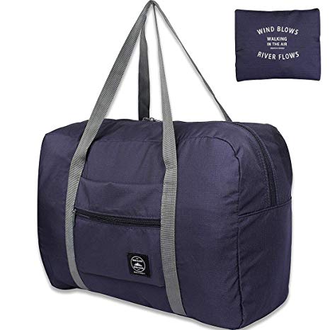 Unova Folding Travel Duffel Bag Packable Light Nylon Water Resistant Tote Weekend Getaway Overnight Carry-on Shoulder (Navy Blue)