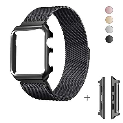 MroTech for Apple Watch 42mm Band Stainless Steel Mesh Wrist Strap Replacement iWatch Band Milanese Loop Bracelet with Magnetic Clip and Bumper Case for Apple Watch Sport Edition Nike  Hermes (42 mm, Black   Case)