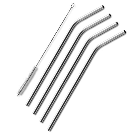 Drinking Straws Set of 4 X-Chef Stainless Steel Bend Replacement Metal Straws with Cleaner Brush For Juicing SmoothiesMilkshakes Bar Drinks