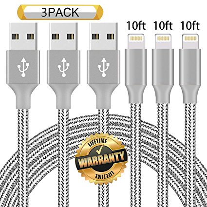 GUIGUI iPhone Cable 3Pack 10FT, Extra Long Nylon Braided Charging Cord Lightning Cable to USB Charger for iPhone X, 8, 7, 7 Plus, 6S, 6, SE, 5S, 5, iPad, iPod Nano 7 - Grey