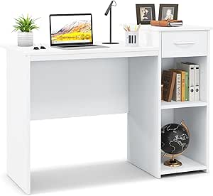 Giantex Computer Desk with Storage, Modern PC Laptop Table with Printer Shelf, Drawer, CPU Stand & Cable Hole, Compact Study Writing Desk Workstation for Small Spaces Home Office, White