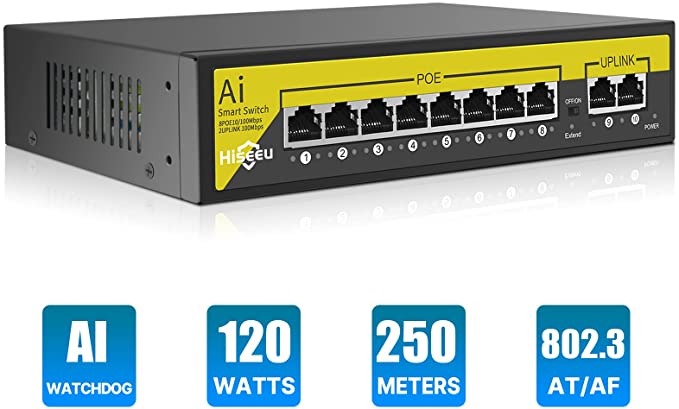 【1000 MBPS】 Hiseeu 8 Port PoE Switch (8 PoE  Ports   2 Ethernet Uplink Ports), 802.3 af/at, 100Mbps, Plug & Play, 120 W, AI Watchdog, 250m (820 ft), Noiseless/ Compact & Sturdy Metal Case/ Desktop