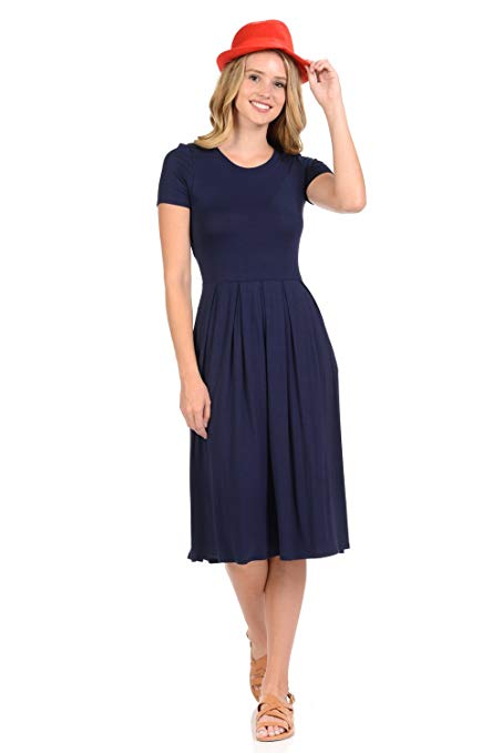 iconic luxe Women's Short Sleeve Pleated Midi Dress with Pockets