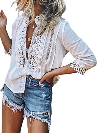 FARYSAYS Women's Lace Crochet V Neck Bell Sleeve Button Down Shirts Casual Loose Blouses Tops