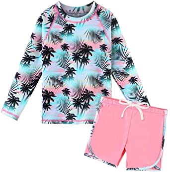 TFJH E Girls Long Sleeve Swimsuits Rashguard Sets Sunsuits UV 50  Two Piece 3-12Y