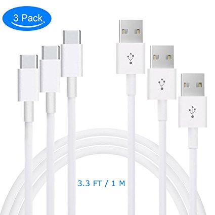 USB Type C Cable, Sunskey 3 Pack 3.3 FT USB C to USB A Cable Syncing and Charging Cord for Samsung Galaxy S8 , OnePlus 5T, Nexus 6P 5X, LG G5 V20, HTC U Ultra, HTC U11 (White, 1M - 3 Packs)