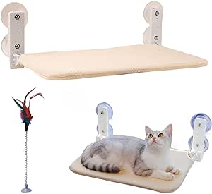 Nymock Foldable Cat Hammock, Nymock Cat Hammock for Window, Cordless Cat Window Perch, Cat Hammock for Window for Indoor Cats, Cat Wall Hammock with Funny Cat Stick (Khaki, Regular)