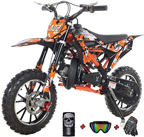 X-PRO 50cc Gas Dirt Bike Pit Bikes Dirt Pitbike with Gloves, Goggle and Face Mask (Black/Orange)