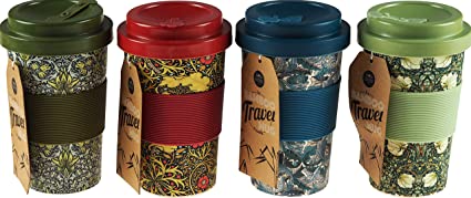 LP Set Of 4 Bamboo Eco Friendly Travel Mugs/Cups With Lids - William Morris inspired Designs