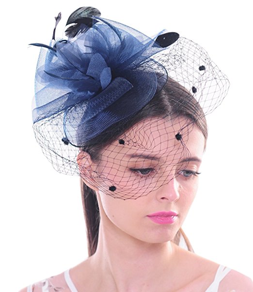 FAYBOX Elegant Silk Flower Feather Dot Net Fascinator Hat Hair Clip