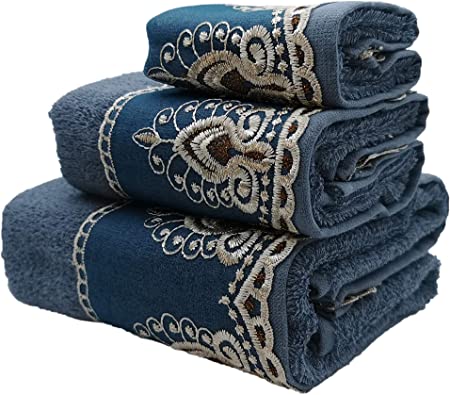Marina Decoration Premium Luxury Decor Ultra Soft 100% Cotton Sheer Lace Bathroom Modern 3 Piece Towel Set, Blue Color