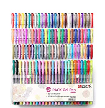 ZSCM 100 Unique Colors Gel Pens Set with Case for Adult Coloring Books Drawing Art Markers (100 Colors)