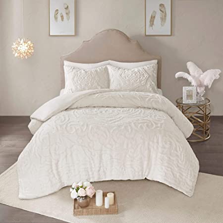 MISC Medallion Ivory White Chenille Duvet Cover Full/Queen Tufted Bedding Embroidered Textured Floral Country Bohemian Antique Cotton, 3 Piece Set