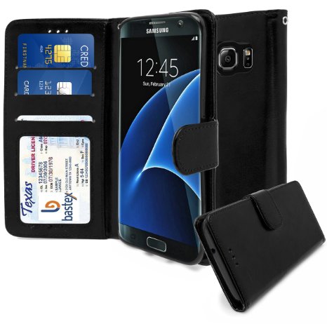 Samsung Galaxy S7 Edge Wallet Case, Bastex Shiny PU Leather Black Flip Wallet Credit Card Cover for Samsung Galaxy S7 Edge